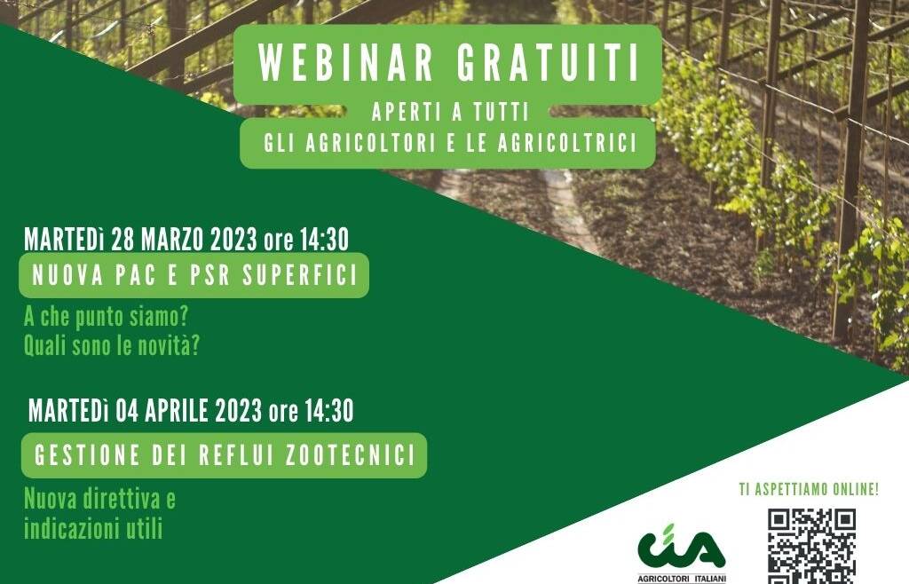 Webinar gratuiti per agricoltori e agricoltrici su PAC-PSR (28.03) e gestione dei reflui (04.03)