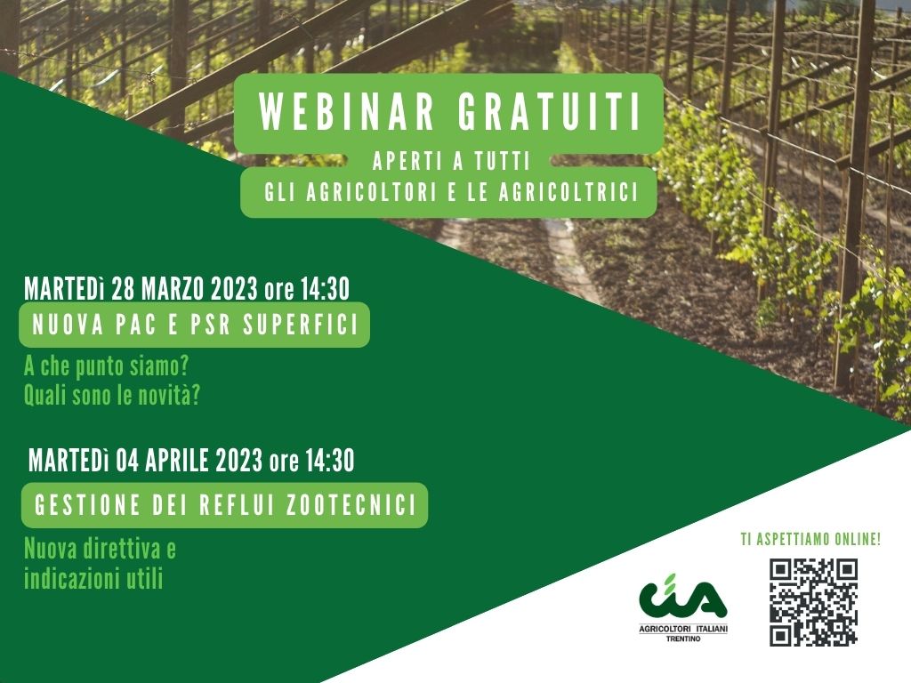 Webinar gratuiti per agricoltori e agricoltrici su PAC-PSR (28.03) e gestione dei reflui (04.03)